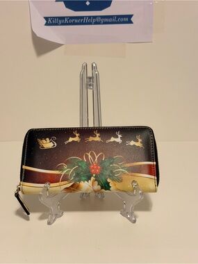 Festive Holiday Zip Wallet with Santa’s Sleigh & Reindeer and Gold Bells